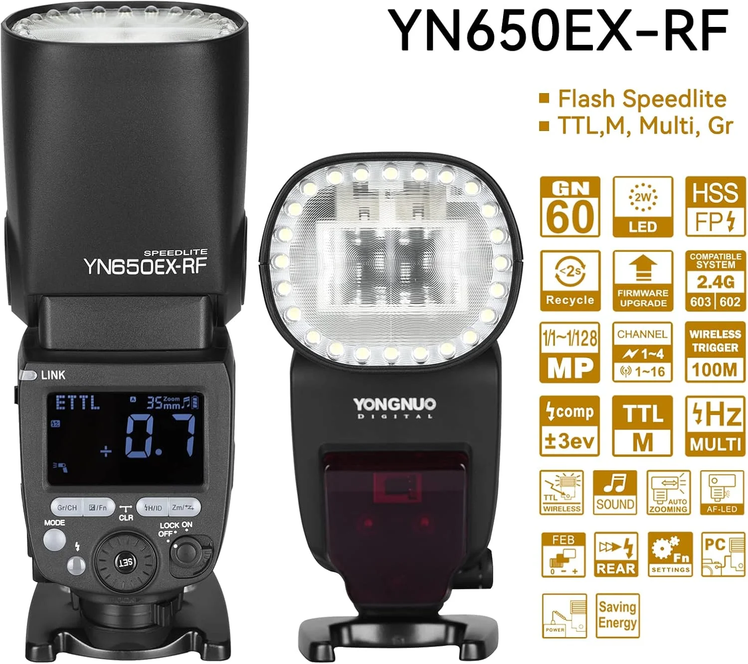 فلاش اسپیدلایت بی سیم Yongnuo YN650EX-RF، GN60، دارای 24 عدد لامپ LED، TTL HSS، فلاش Master/Slave با سیستم RF 2.4G داخلی، برای دوربین های DSLR کانن