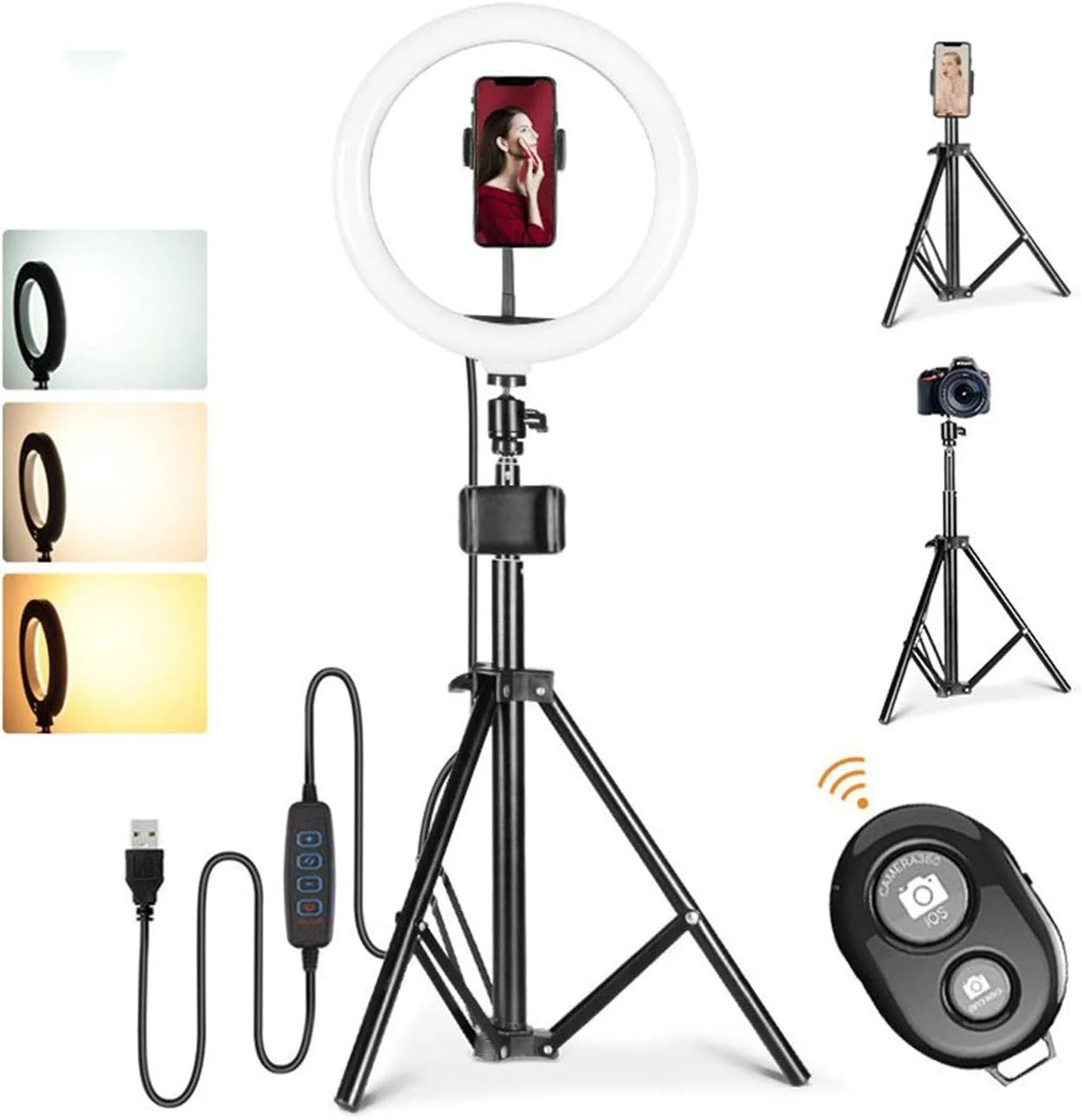 حلقه نور ال ای دی با پایه سه پایه، حلقه نور 10 اینچی با قابلیت تنظیم نور، 3 حالت رنگ و 10 روشنایی، تغذیه از طریق USB، نگهدارنده تلفن برای پخش زنده، آرایش، دوربین، سلفی (160 سانتی متر)