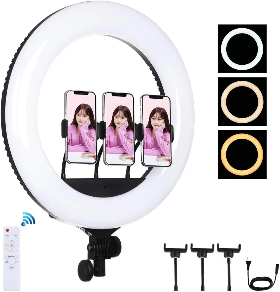 نور حلقه ای PULUZ، 46 سانتی متر 18 اینچی USB با 3 حالت نور سفید قابل تنظیم LED، چراغ های ویدئویی عکاسی برای پخش زنده با کنترل از راه دور و 3 عدد گیره تلفن (پایه شامل نمی شود) نور حلقه ای PULUZ، 46 سانتی متر 18 اینچی USB با 3 حالت نور سفید قابل تنظیم LED، چراغ های ویدئویی عکاسی برای پخش زنده با کنترل از راه دور و 3 عدد گیره تلفن (پایه شامل نمی شود)