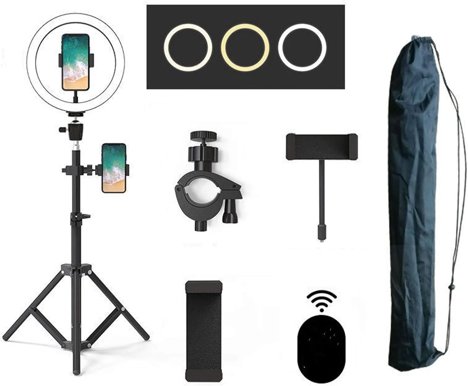 حلقه نور ال ای دی با پایه سه پایه، حلقه نور 10 اینچی با قابلیت تنظیم نور، 3 حالت رنگ و 10 روشنایی، تغذیه از طریق USB، نگهدارنده تلفن برای پخش زنده، آرایش، دوربین، سلفی (55 سانتی متر)