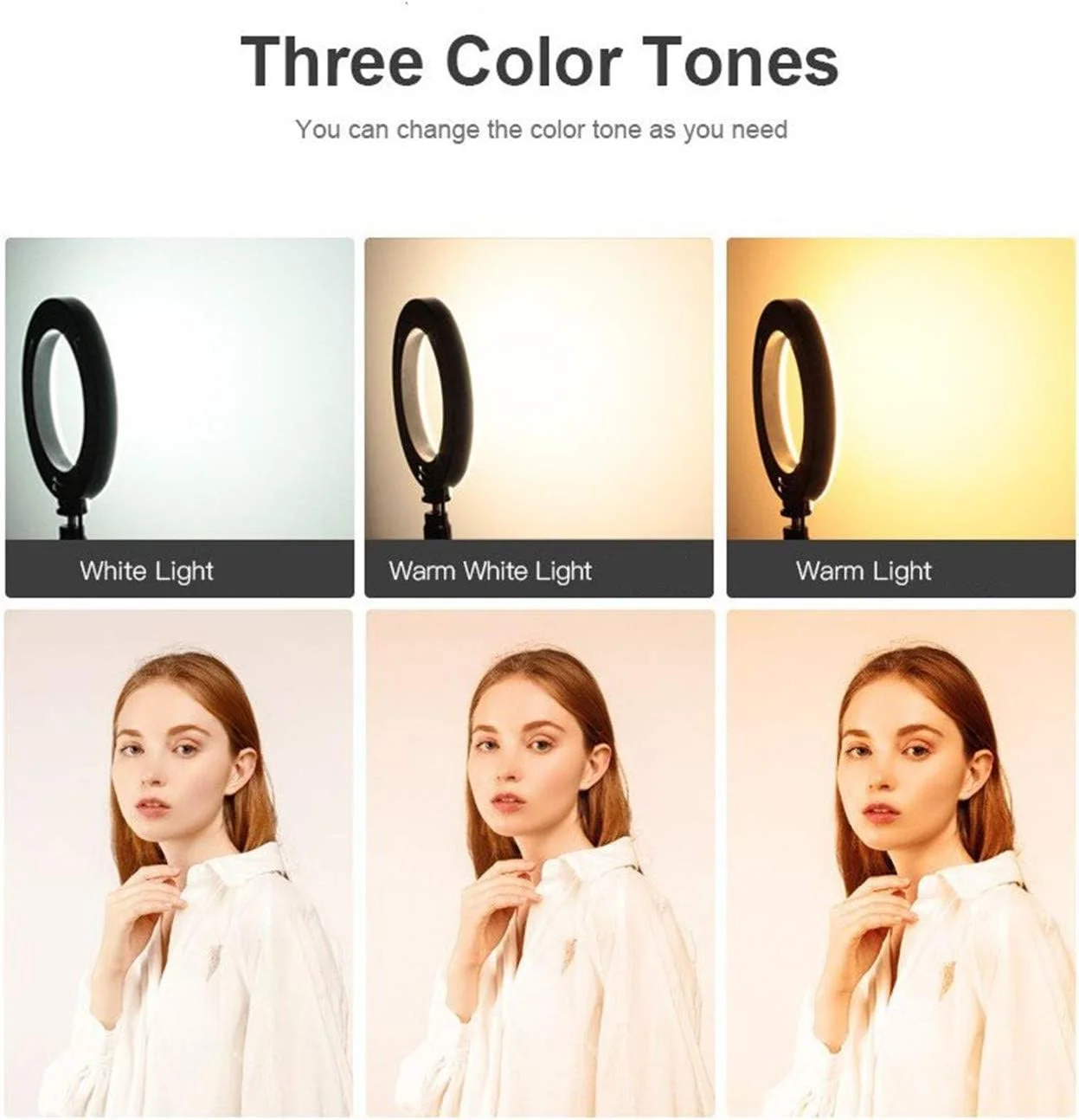 حلقه نور ال ای دی با پایه سه پایه، حلقه نور 10 اینچی با قابلیت تنظیم نور، 3 حالت رنگ و 10 روشنایی، تغذیه از طریق USB، نگهدارنده تلفن برای پخش زنده، آرایش، دوربین، سلفی (160 سانتی متر)