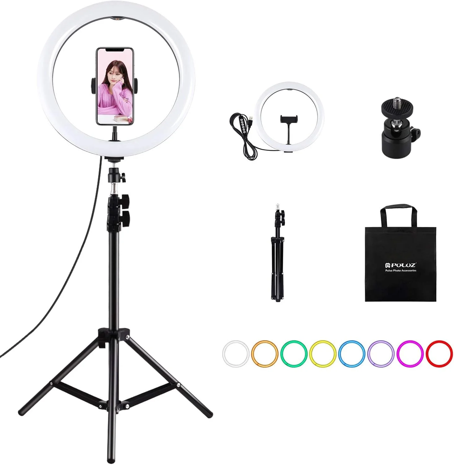 نور حلقه ای ال ای دی دیمر پذیر RGBW با سطح منحنی PULUZ 11.8 اینچی و پایه سه پایه 1.1 متری، کیت نورپردازی ویدئویی و عکاسی برای پخش زنده، به همراه هد توپی سه پایه و گیره تلفن برای آرایش و استریم زنده