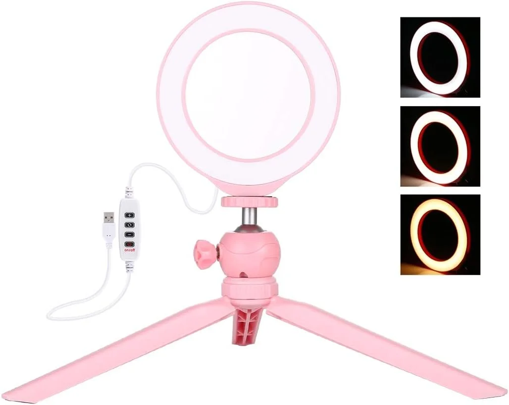 نور حلقه ای 4.7 اینچی PULUZ و پایه رومیزی سه پایه USB با 3 حالت نور LED قابل تنظیم برای ولاگ، سلفی، عکاسی و فیلمبرداری با هد توپی سه پایه کفش سرد برای آرایش، پخش زنده