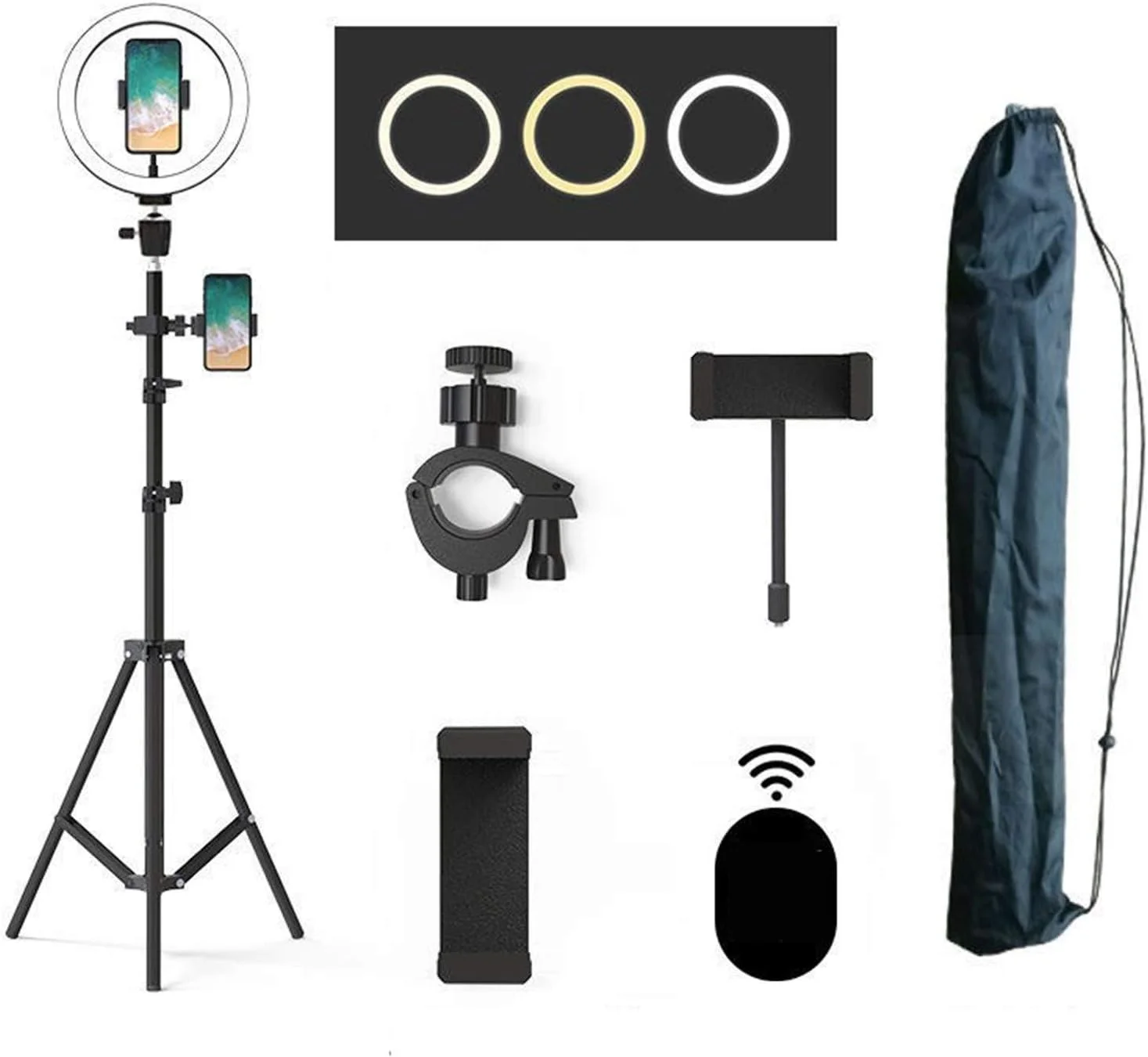 حلقه نور ال ای دی YCDZ با پایه سه پایه، حلقه نور 10 اینچی با قابلیت تنظیم نور، 3 حالت رنگ و 10 روشنایی، تغذیه از طریق USB، نگهدارنده تلفن برای پخش زنده، آرایش، دوربین، سلفی (160 سانتی متر)