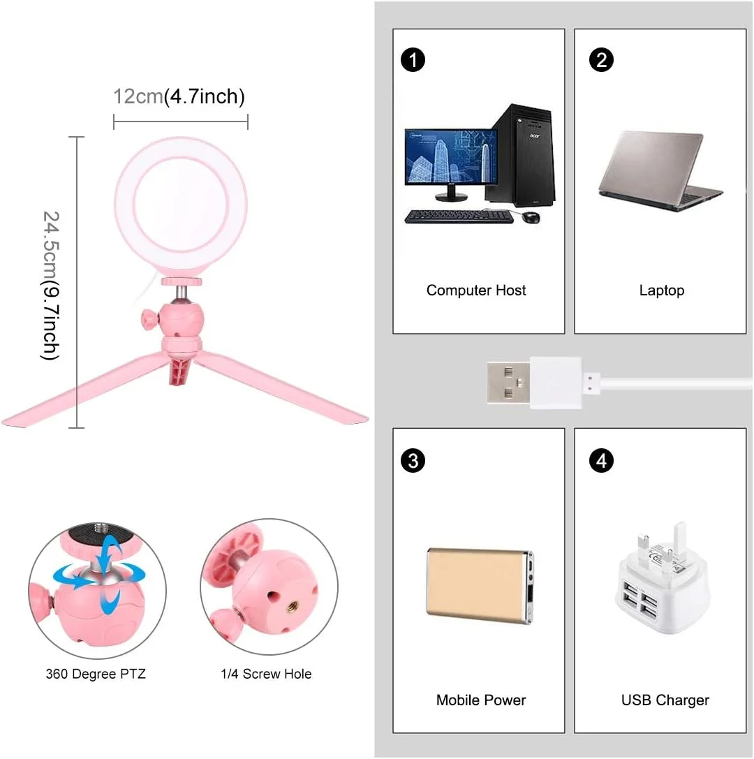 نور حلقه ای 4.7 اینچی PULUZ و پایه رومیزی سه پایه USB با 3 حالت نور LED قابل تنظیم برای ولاگ، سلفی، عکاسی و فیلمبرداری با هد توپی سه پایه کفش سرد برای آرایش، پخش زنده