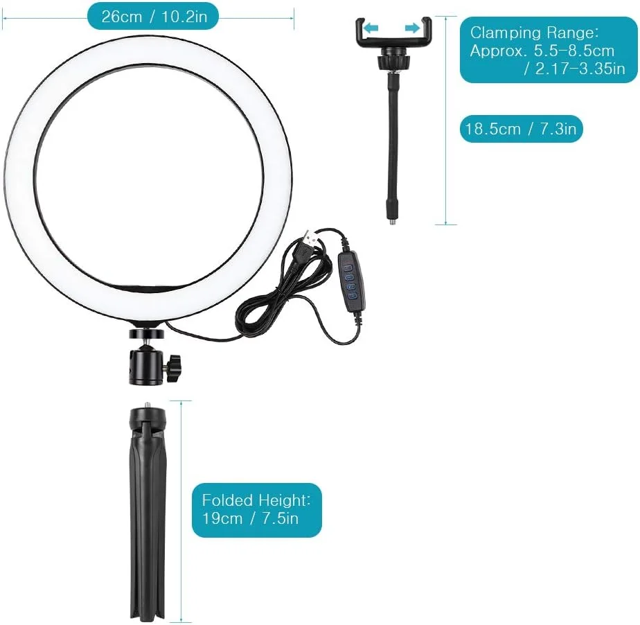 نور حلقه ای LED دوسلف 10.2 اینچی 3200K-5500K با قابلیت تنظیم نور، چراغ رومیزی دوربین با 3 حالت نور و 10 روشنایی قابل تنظیم برای پخش زنده، سلفی، آرایش، ویدیو یوتیوب، ولاگ و عکاسی