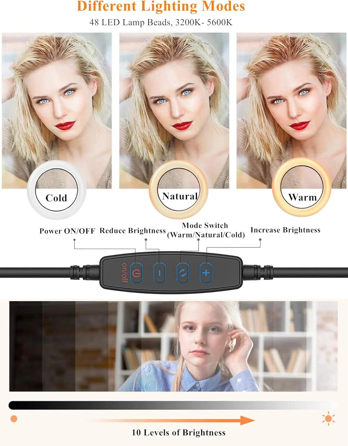 نورپردازی کنفرانس ویدیویی، رینگ لایت سلفی 16 سانتی متری با گیره برای کنفرانس ویدیویی، نور وب کم، 3 حالت نور و 10 سطح روشنایی، قابل تنظیم