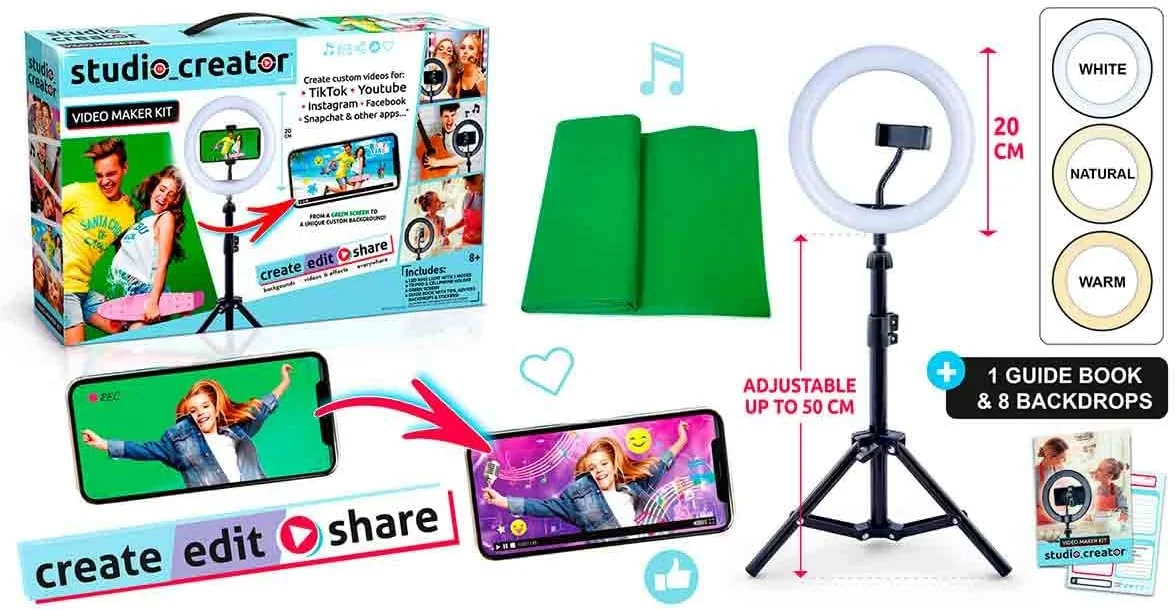 کیت ساخت ویدیو استودیو کریتور کانال تویز، مشکی - TikTok، YouTube، اینفلوئنسرها: ویدیوهایی با کیفیت حرفه ای بسازید - چراغ حلقه ای LED 20 سانتی متری، نگهدارنده تلفن، سه پایه، پرده سبز - سن 13 سال به بالا