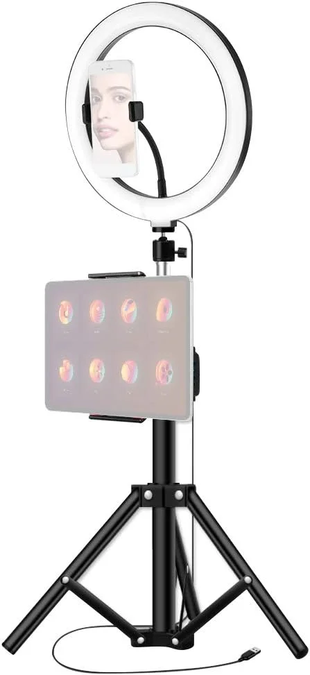 نور حلقه ای LED اندور 26 سانتی متری با 3 رنگ و 10 سطح روشنایی قابل تنظیم، دمای رنگ 3200-5600K به همراه سه پایه، نگهدارنده تلفن و تبلت برای پخش زنده، آرایش، پرتره، نورپردازی ویدیوهای یوتیوب نور حلقه ای LED اندور 26 سانتی متری با 3 رنگ و 10 سطح روشنایی قابل تنظیم، دمای رنگ 3200-5600K به همراه سه پایه، نگهدارنده تلفن و تبلت برای پخش زنده، آرایش، پرتره، نورپردازی ویدیوهای یوتیوب