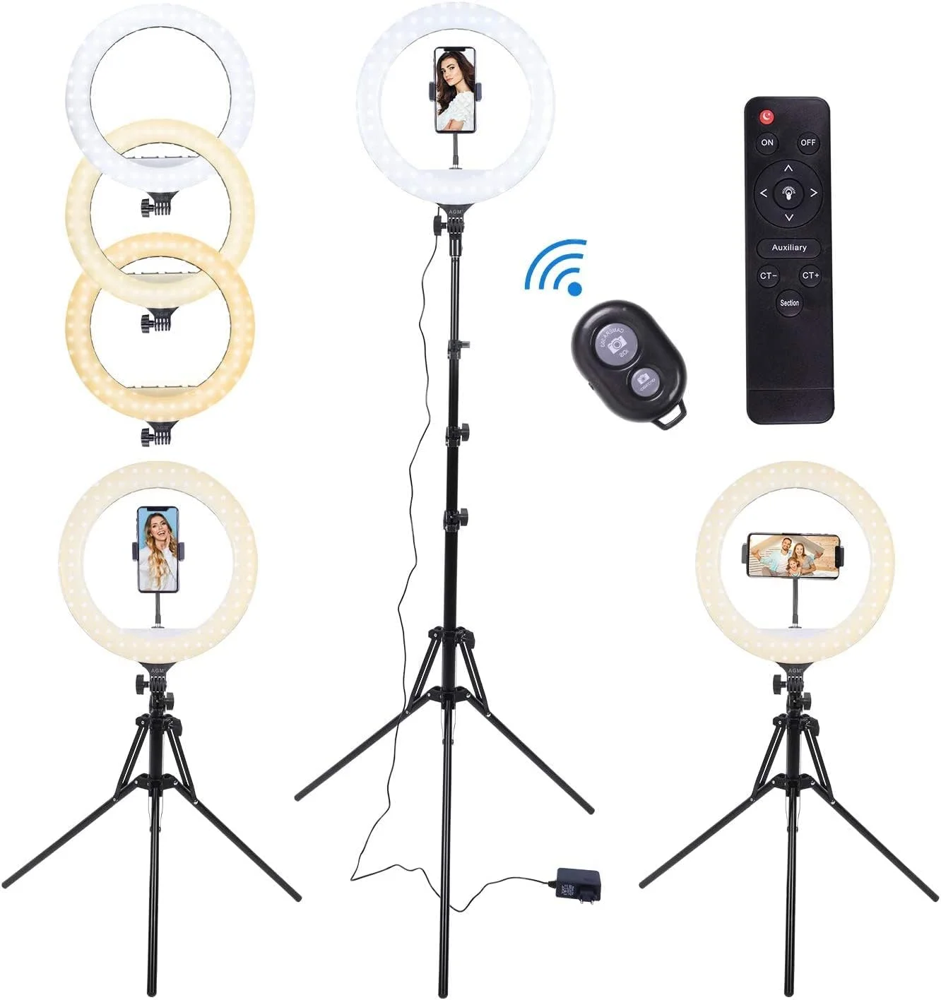 نور حلقه ای AGM سایز ۱۴ اینچ به همراه سه پایه، کنترل از راه دور بلوتوثی با ۳ حالت نور و ۱۰ سطح روشنایی، نور حلقه ای LED سلفی برای ویدیو و عکاسی