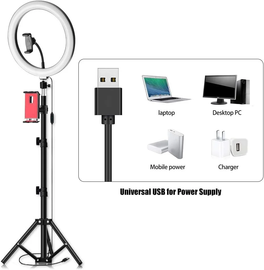 نور حلقه ای LED اندور 26 سانتی متری با 3 رنگ و 10 سطح روشنایی قابل تنظیم، دمای رنگ 3200-5600K به همراه سه پایه، نگهدارنده تلفن و تبلت برای پخش زنده، آرایش، پرتره، نورپردازی ویدیوهای یوتیوب