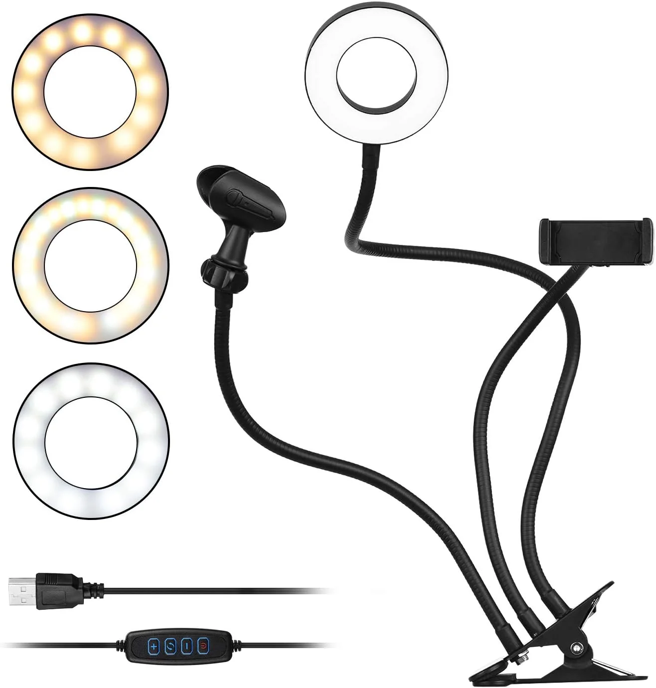 چراغ حلقه ای مینی USB گیره دار 3.5 اینچی با 3 حالت نورپردازی و بازوهای انعطاف پذیر قابل تنظیم با نگهدارنده تلفن و گیره میکروفون برای پخش زنده ویدیو، آواز خواندن آنلاین، چت و سلفی
