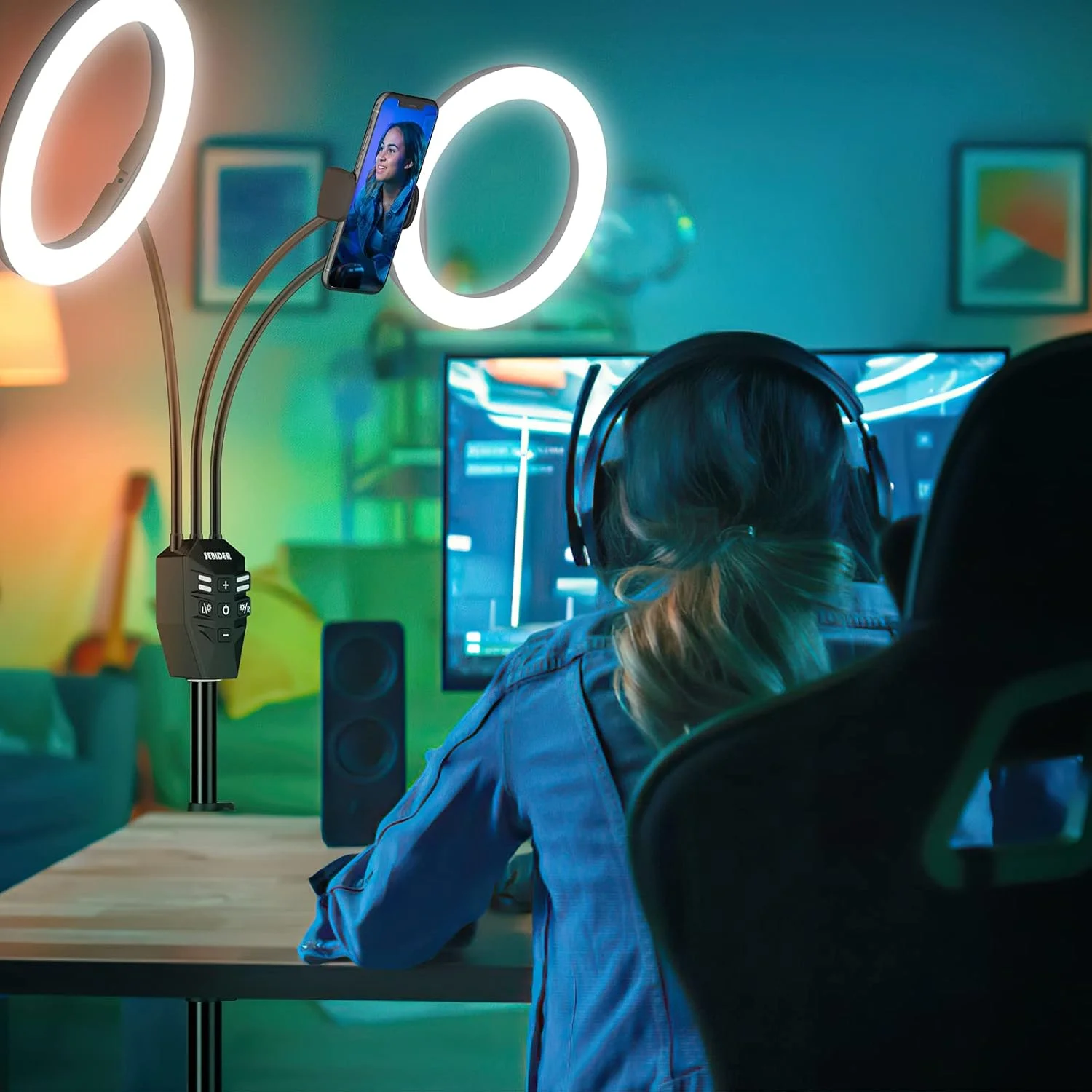 نور حلقه ای ال ای دی 10 اینچی SEBIDER با پایه سه پایه و نگهدارنده تلفن، نورهای حلقه ای ال ای دی دوتایی با قابلیت تنظیم نور با 5 حالت نور (2700-6500K) و 12 روشنایی برای آرایش/عکاسی/TikTok/YouTube/سلفی/پخش زنده