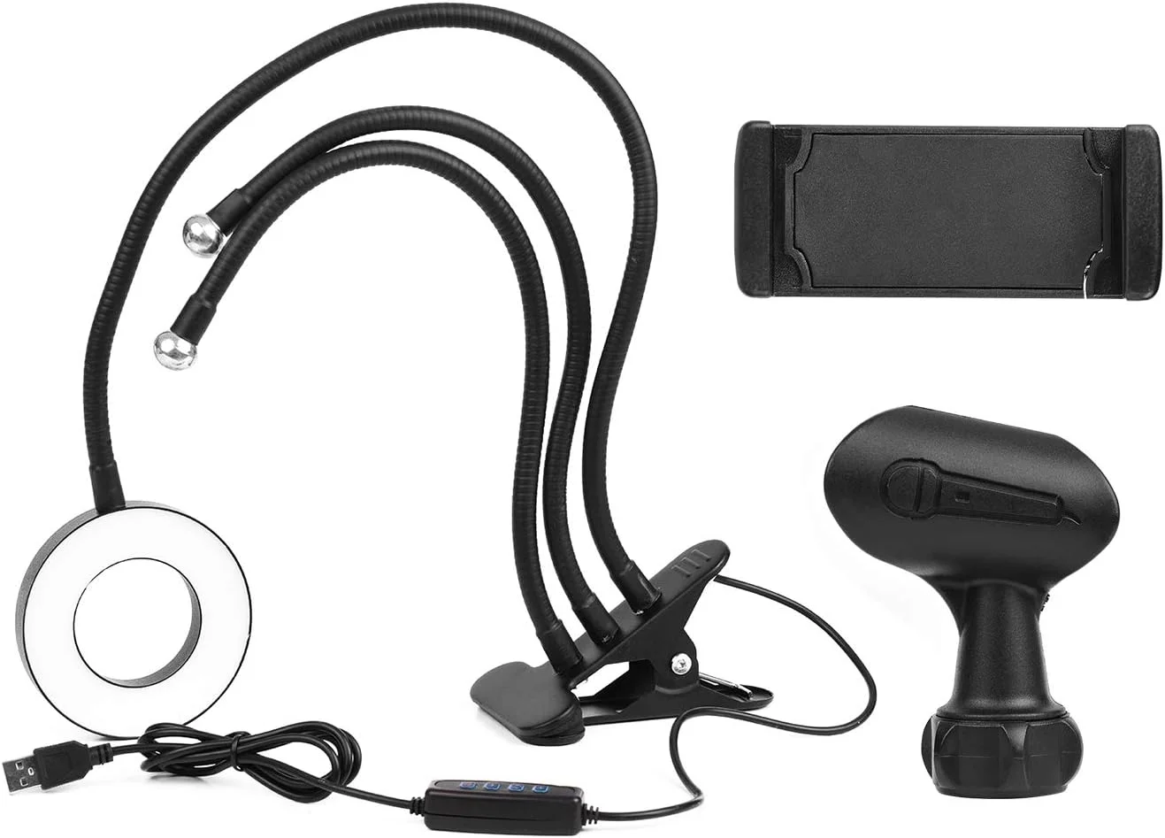 چراغ حلقه ای مینی USB گیره دار 3.5 اینچی با 3 حالت نورپردازی و بازوهای انعطاف پذیر قابل تنظیم با نگهدارنده تلفن و گیره میکروفون برای پخش زنده ویدیو، آواز خواندن آنلاین، چت و سلفی