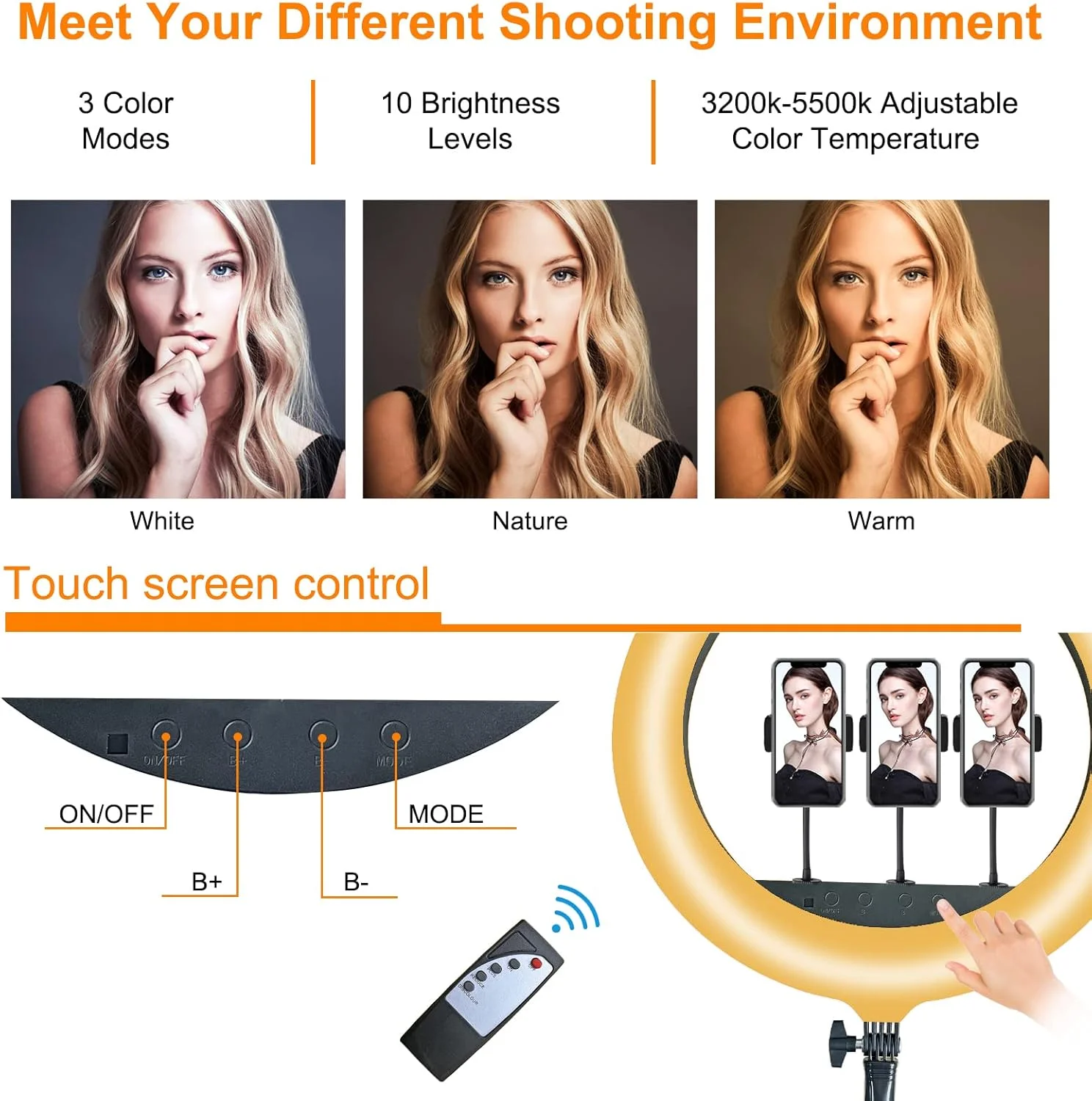 حلقه نور MOUNTDOG 18 اینچ 48 سانتی متر 55 وات 240 لامپ LED، حلقه نور دایره ای پیوسته قابل تنظیم با پایه، دمای رنگ قابل تنظیم، آینه دوربین، نورپردازی برای آرایش، ویدیوهای یوتیوب، همراه با کنترل از راه دور بلوتوث