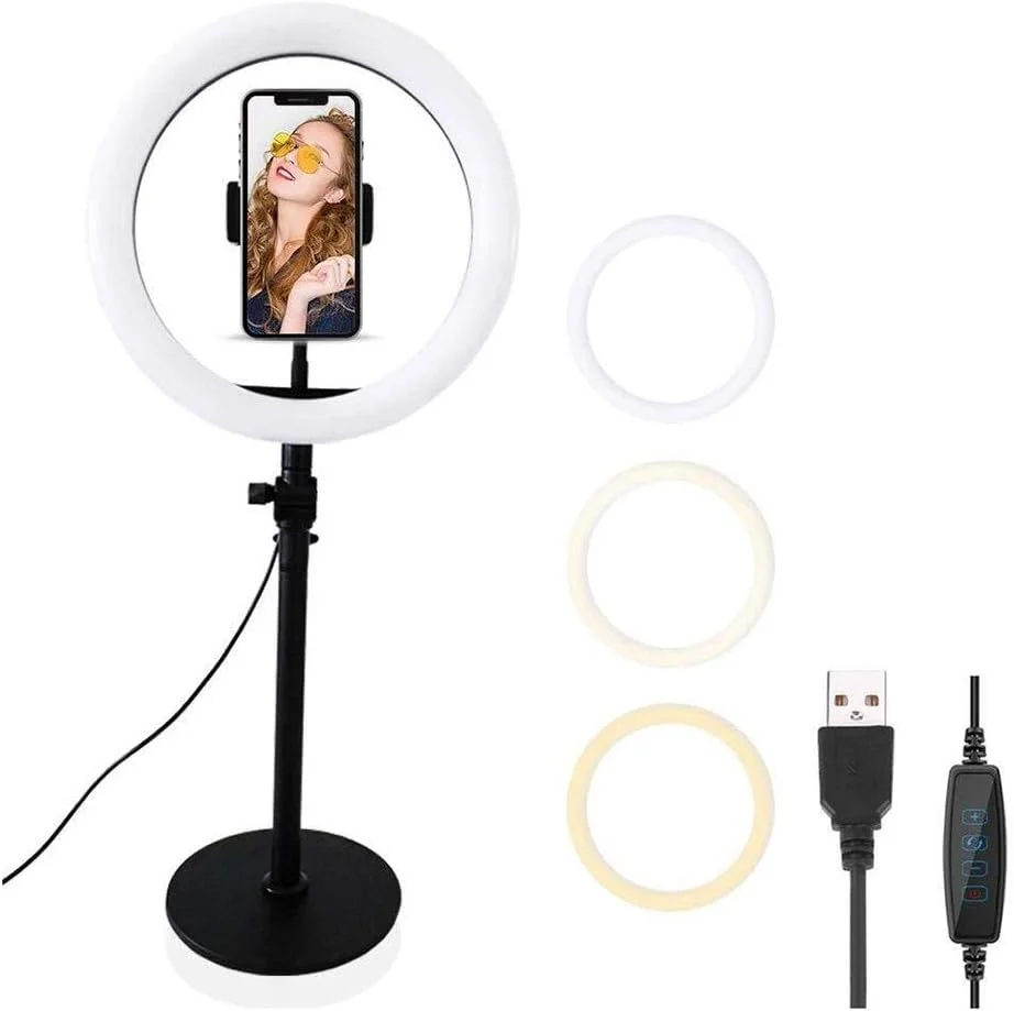 نور حلقه ای ال ای دی 10 اینچی KOASDNI، نور پرکننده براکت پخش زنده رومیزی، مناسب برای عکاسی در فضای باز، آرایشی (سایز: 10 اینچ)