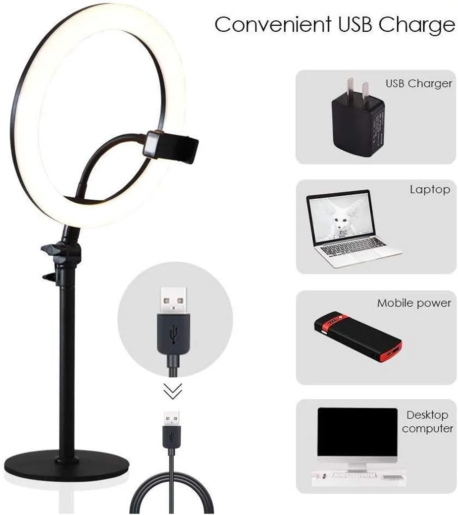 نور حلقه ای ال ای دی 10 اینچی KOASDNI، نور پرکننده براکت پخش زنده رومیزی، مناسب برای عکاسی در فضای باز، آرایشی (سایز: 10 اینچ)