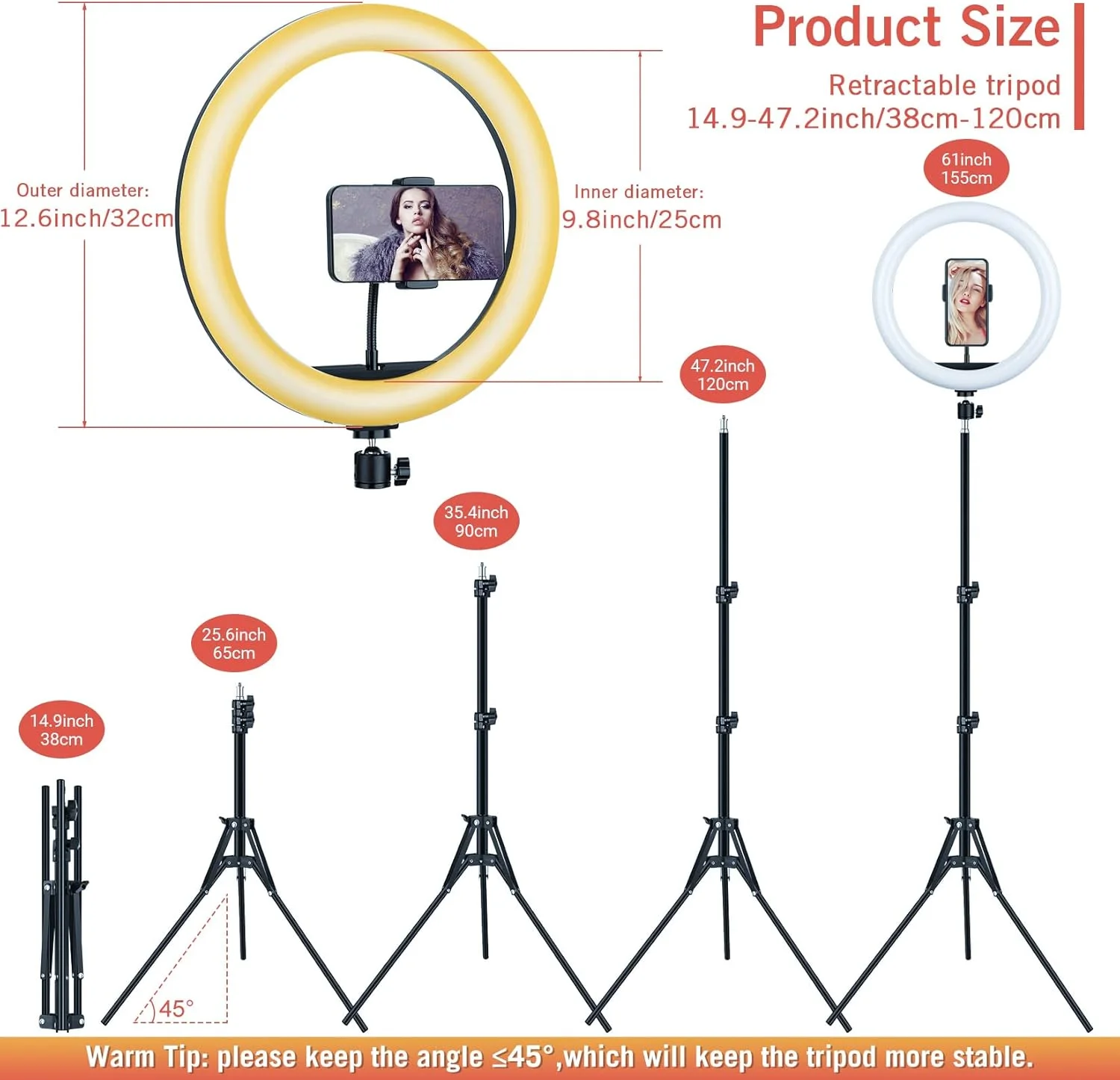 نور حلقه ای LIPETY با پایه سه پایه و نگهدارنده تلفن، نور حلقه ای سلفی 12.6 اینچی برای ضبط ویدیو در یوتیوب/تیک تاک/توییچ، پخش زنده، جلسه زوم (ارتفاع کل 155 سانتی متر)