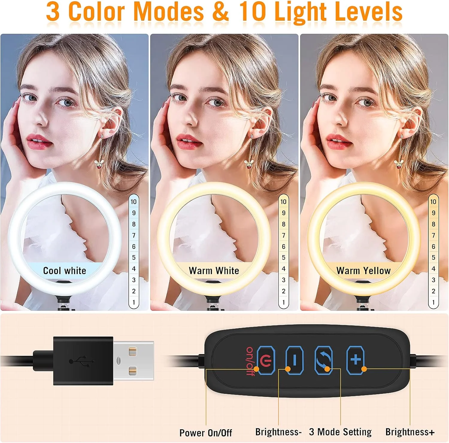 نور حلقوی 10 اینچی LIPETY با پایه 57 اینچی زمینی/پایه 7 اینچی رومیزی و 2 نگهدارنده تلفن، نور حلقوی سلفی برای کامپیوتر/تلفن/لپ تاپ/وب کم