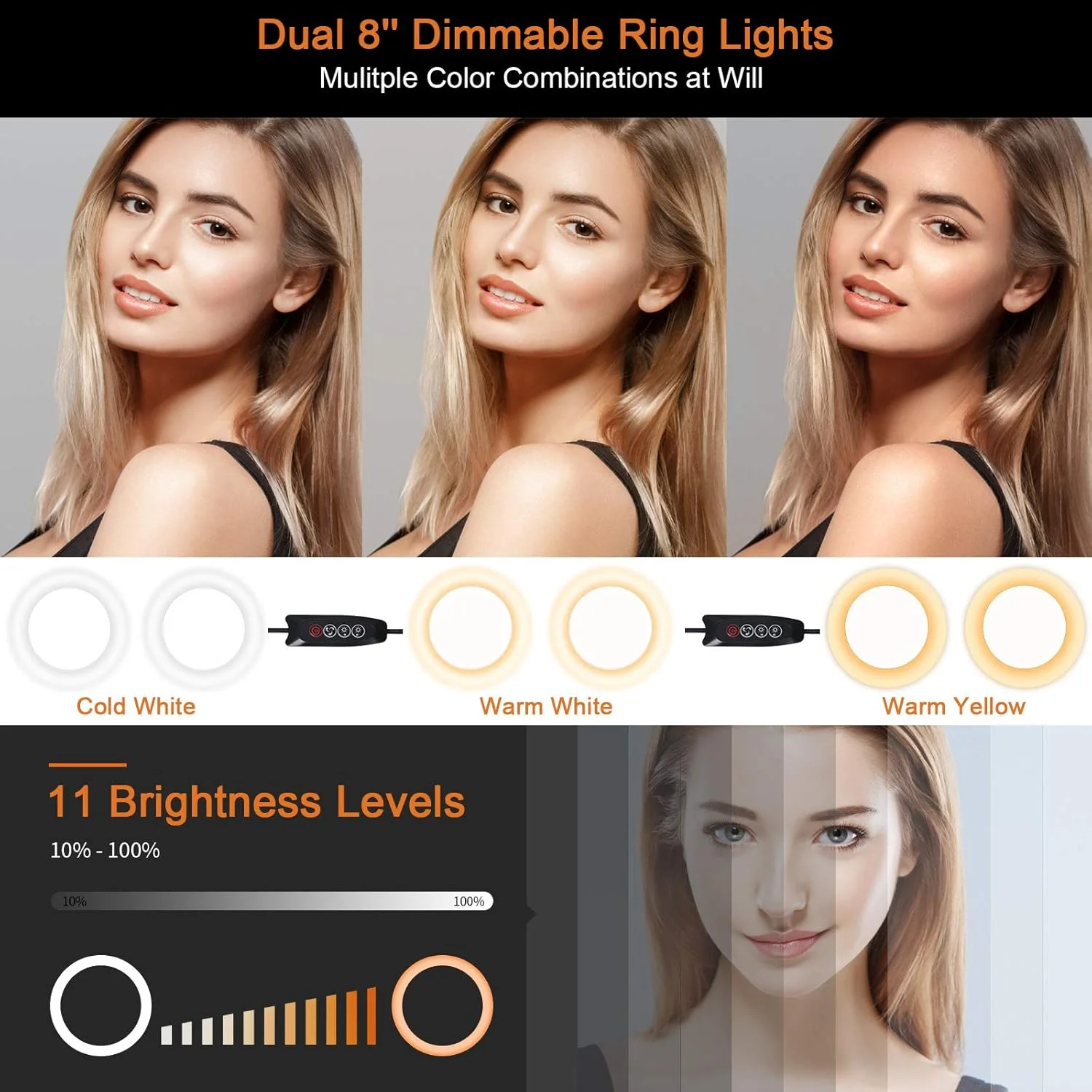 حلقه نور دوتایی 8 اینچی با پایه سه پایه و 2 نگهدارنده تلفن برای روشنایی دو برابر، حلقه نور سلفی LED با شاتر از راه دور برای پخش زنده/یوتیوب/ضبط ویدیو/آرایش/ولاگ، تا ارتفاع 1.8 متر