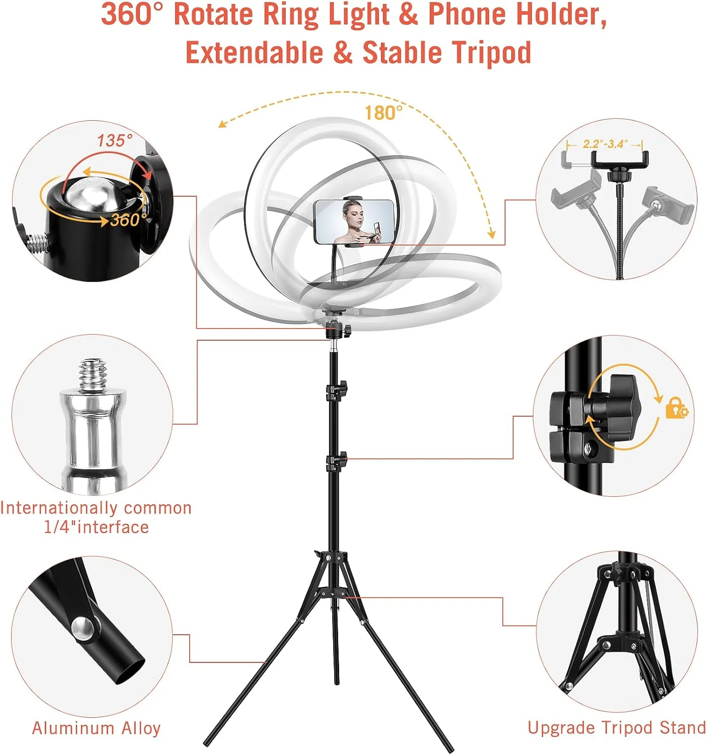 نور حلقه ای LIPETY با پایه سه پایه و نگهدارنده تلفن، نور حلقه ای سلفی 12.6 اینچی برای ضبط ویدیو در یوتیوب/تیک تاک/توییچ، پخش زنده، جلسه زوم (ارتفاع کل 155 سانتی متر)
