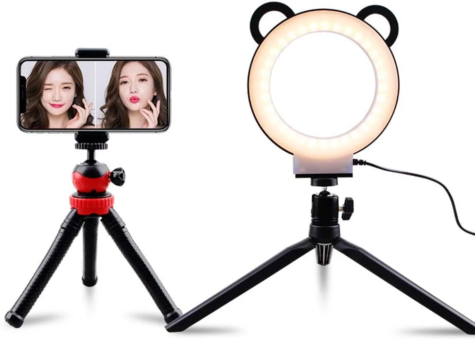 نور حلقه ای SHYYL، نور پرکننده 6 اینچی قابل تنظیم با سه پایه، برای ویدیوهای یوتیوب، سلفی، آرایش، پخش زنده، بدون شاتر بلوتوث