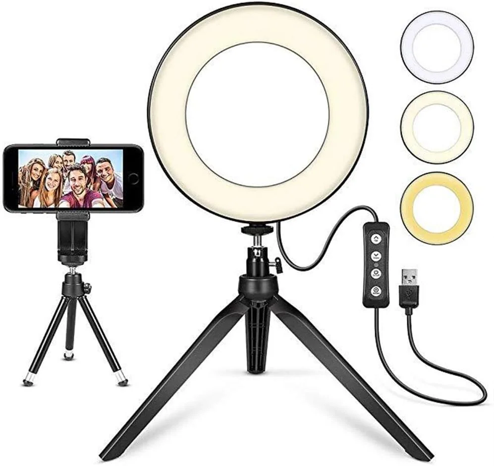 حلقه نور LED، نور پر کننده 6 اینچی با سه پایه، نورپردازی رومیزی قابل تنظیم، برای ویدیوهای یوتیوب، سلفی، آرایش، پخش زنده