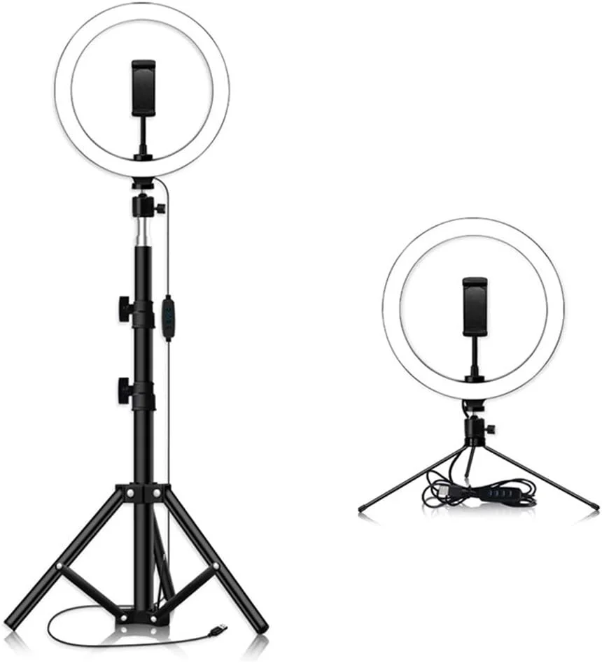 نور حلقه ای 10 اینچی SHYYL با سه پایه 1.6 متری، 3 رنگ نور و 10 سطح روشنایی برای ویدیوهای یوتیوب، سلفی، آرایش، پخش زنده، با شاتر بلوتوث