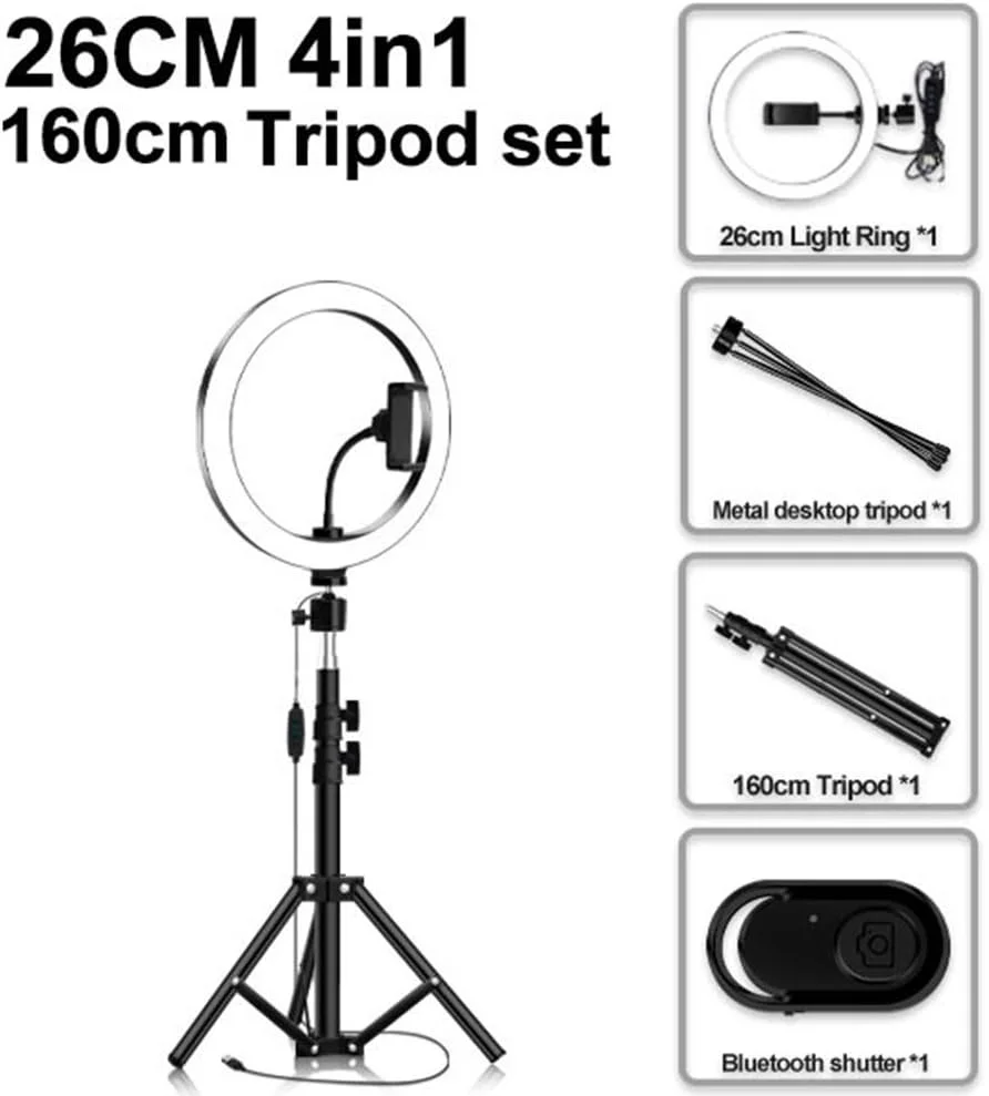 نور حلقه ای 10 اینچی SHYYL با سه پایه 1.6 متری، 3 رنگ نور و 10 سطح روشنایی برای ویدیوهای یوتیوب، سلفی، آرایش، پخش زنده، با شاتر بلوتوث