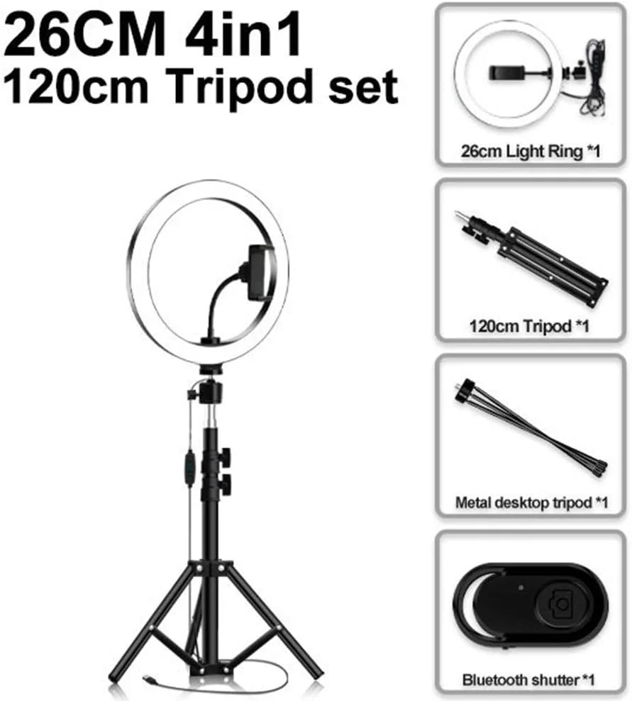 نور حلقه ای 10 اینچی SHYYL با سه پایه 1.2 متری، 3 حالت نور و 10 سطح روشنایی برای فیلم های یوتیوب، سلفی، آرایش، پخش زنده، همراه با شاتر بلوتوث