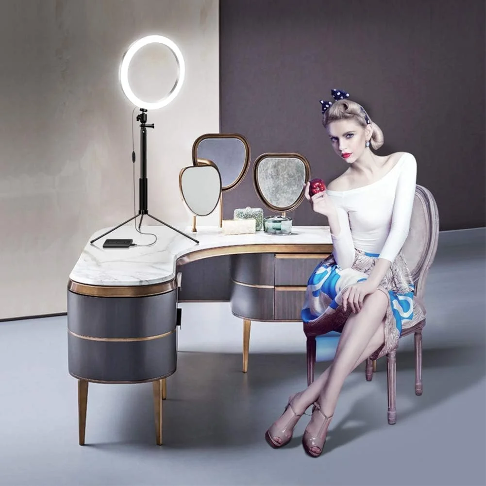 حلقه نور 8 اینچی با سه پایه، 3 رنگ نور، 10 سطح روشنایی، مناسب برای ویدیوهای یوتیوب، سلفی، آرایش، پخش زنده، ولاگ، قرمز