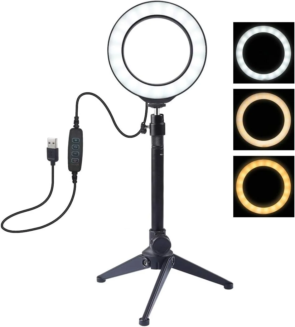 نور حلقه ای LED دیمر پذیر USB با سه حالت نوری 12 سانتی متری به همراه سه پایه رومیزی و سری توپی