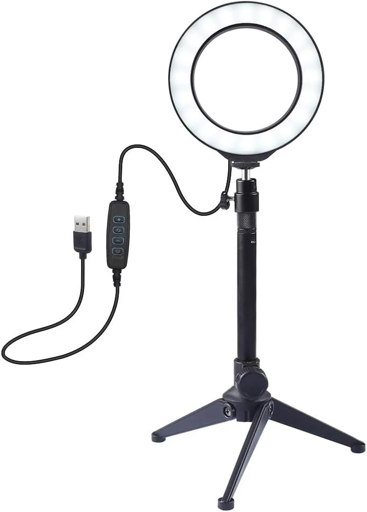 نور حلقه ای LED دیمر پذیر USB با سه حالت نوری 12 سانتی متری به همراه سه پایه رومیزی و سری توپی