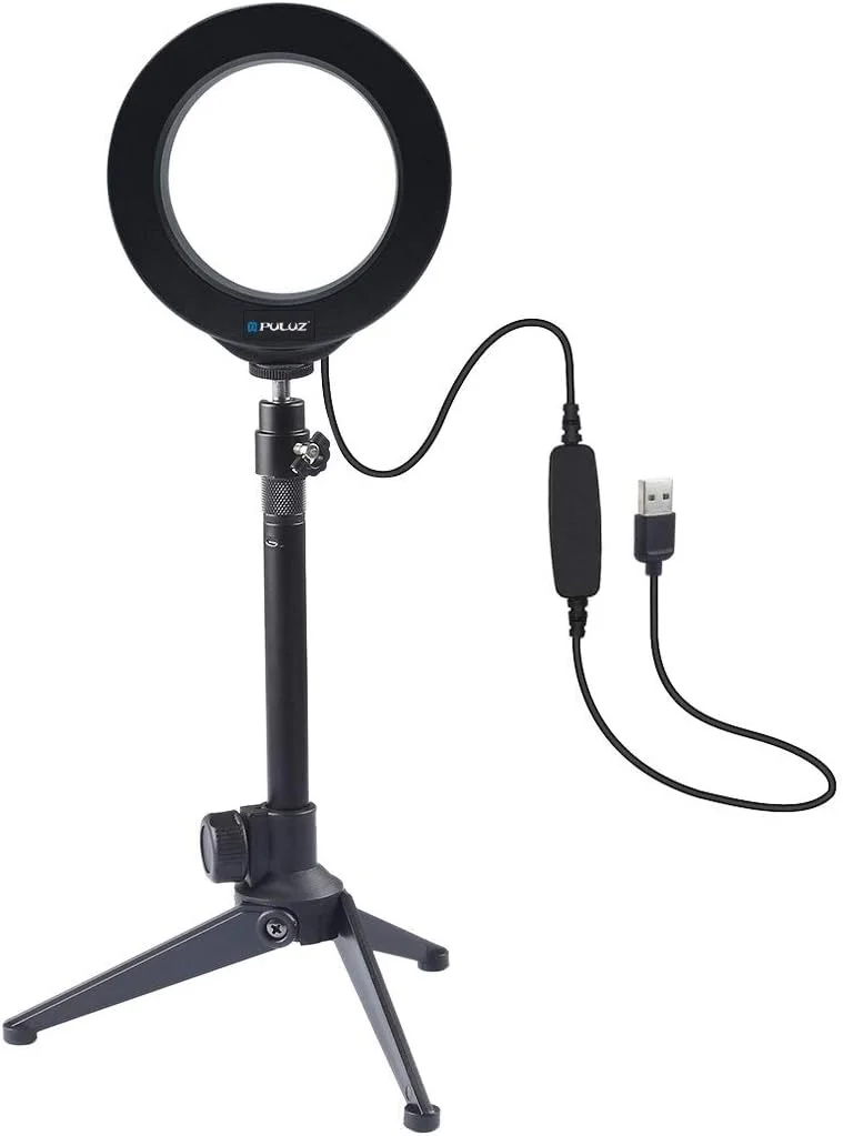 نور حلقه ای LED دیمر پذیر USB با سه حالت نوری 12 سانتی متری به همراه سه پایه رومیزی و سری توپی