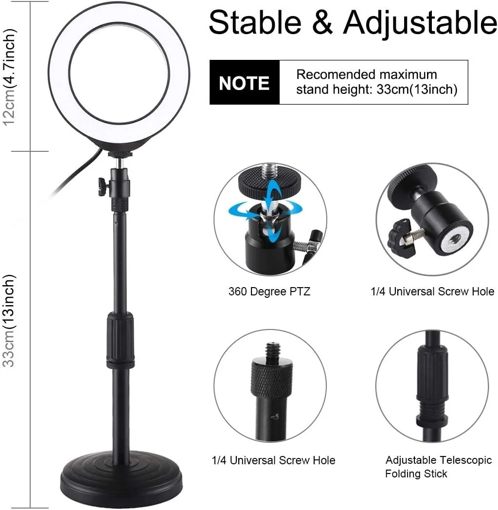 نور حلقه ای LED دیمر پذیر USB دوزن 4.7 اینچی 12 سانتی متری با 10 حالت و 8 رنگ RGBW به همراه پایه گرد رومیزی با هد توپی سه پایه کفشک سرد (مشکی) لوازم جانبی (رنگ: مشکی)
