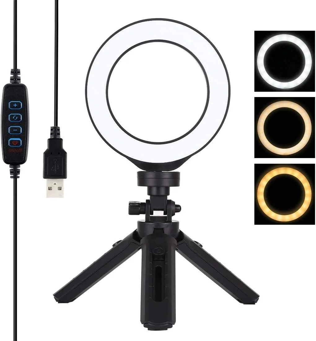 نور حلقه ای LED دوزن 4.7 اینچی 12 سانتی متری USB با 3 حالت نور قابل تنظیم برای ولاگ، عکاسی و فیلمبرداری + کیت پایه نگهدارنده سه پایه جیبی با هد توپی سه پایه کفشک سرد (مشکی) لوازم جانبی (رنگ: مشکی)