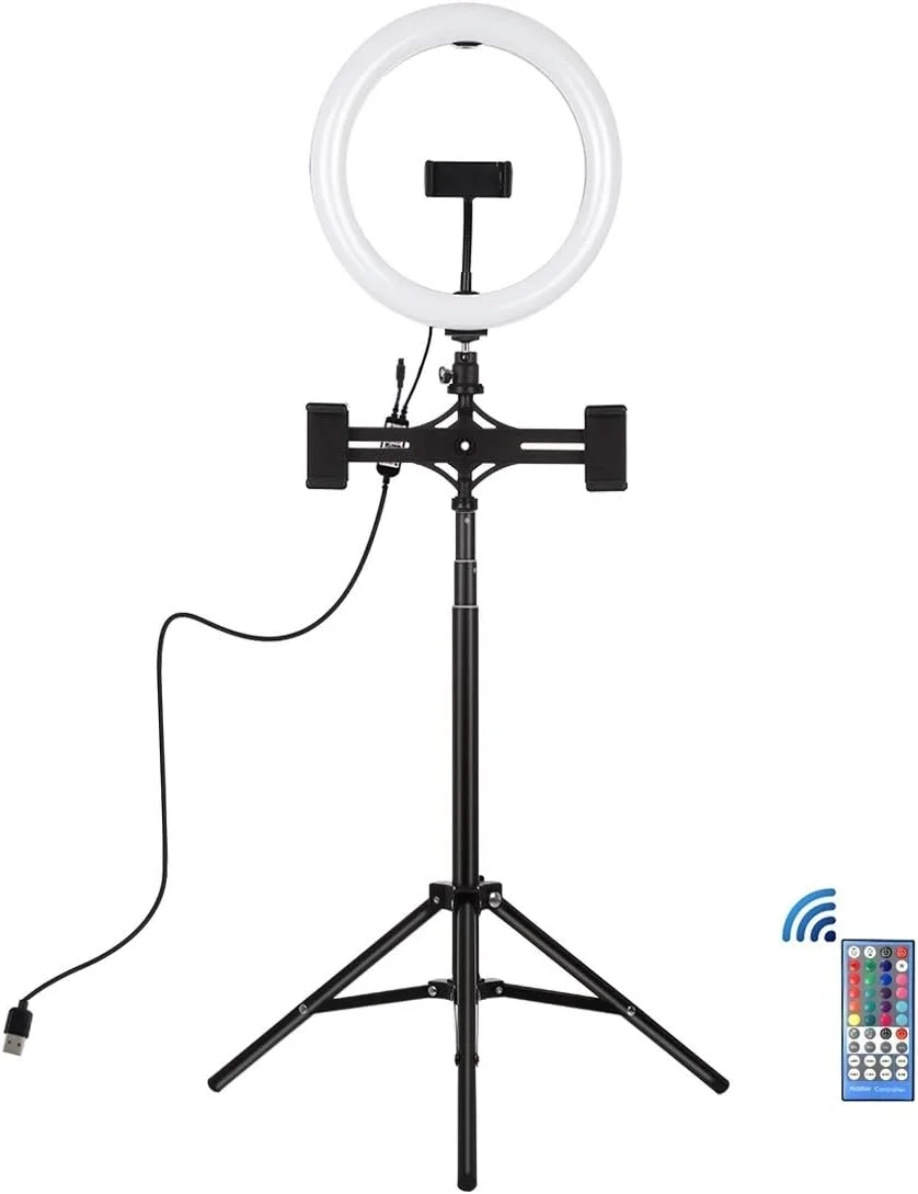 پایه سه پایه 1.65 متری Duzhen + دو عدد نگهدارنده تلفن + نور حلقه ای 10.2 اینچی 26 سانتی متری با سطح منحنی USB با 3 حالت نورپردازی با دمای رنگی دوگانه قابل تنظیم برای تولید محتوای ویدیویی و پخش زنده با گیره تلفن (مشکی) Acces