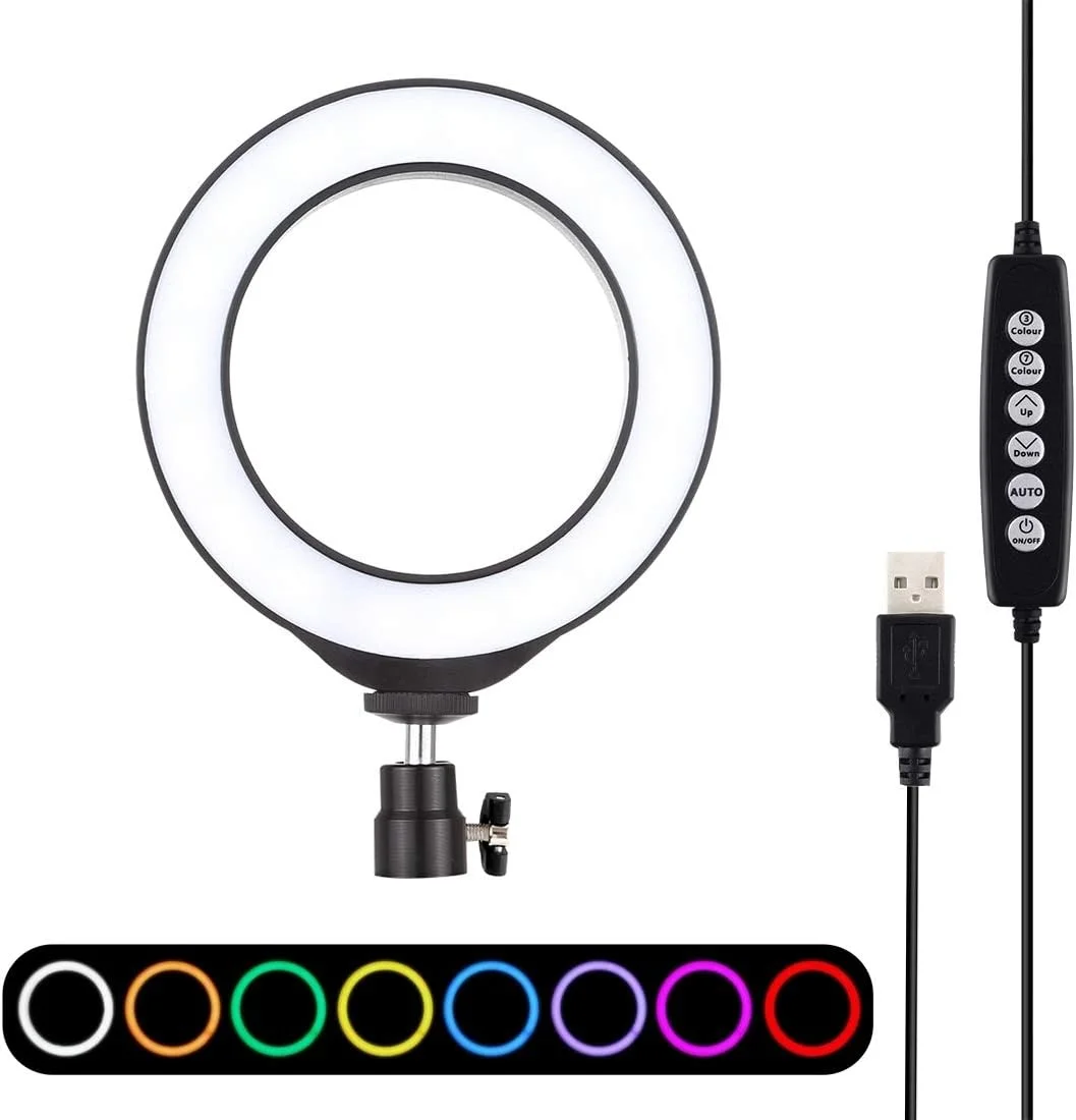 نور حلقه ای ال ای دی RGBW دیمر پذیر 12 سانتی متری USB با 10 حالت و 8 رنگ با سه پایه کلاهکی کفشک سرد (مشکی) لوازم جانبی (رنگ: مشکی)