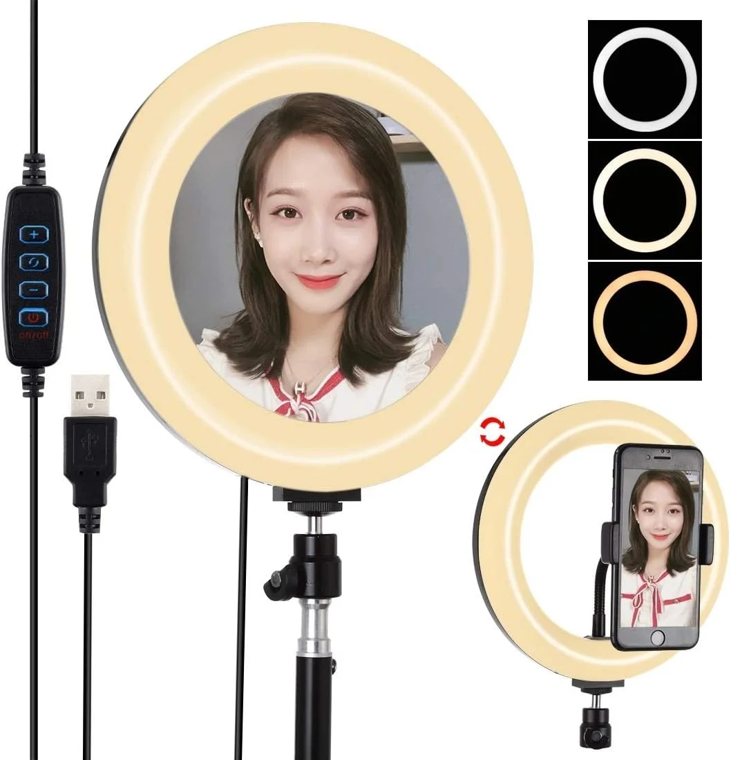 نور حلقه ای منحنی LED با قطر 20 سانتی متر (7.9 اینچ) با پورت USB، دارای 3 حالت نور و قابلیت تنظیم دمای رنگ دوگانه، مناسب برای ولاگ، سلفی و عکاسی و فیلمبرداری به همراه آینه (مشکی) لوازم جانبی (رنگ: مشکی)
