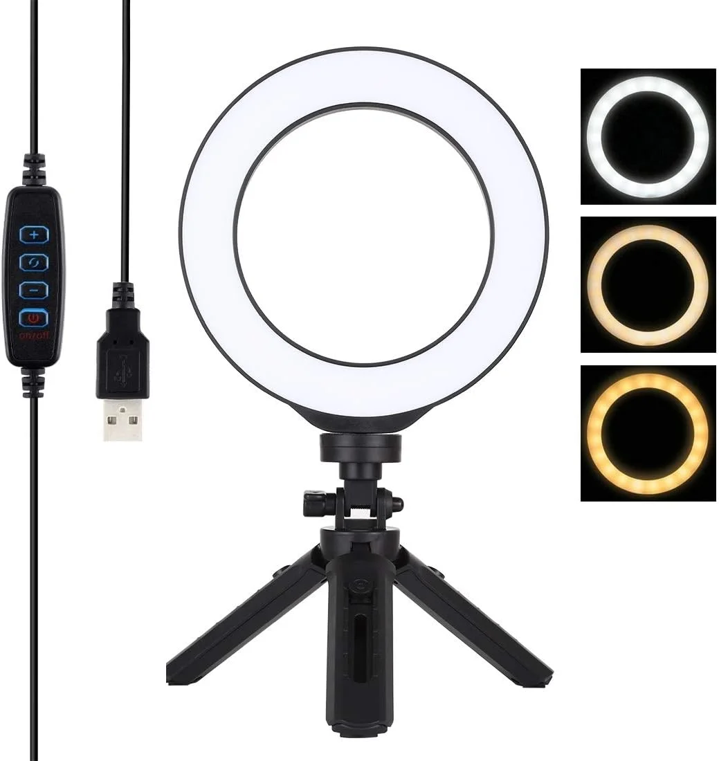 نور حلقه ای ال ای دی 16 سانتی متری با سه حالت نور و قابلیت تنظیم روشنایی به همراه سه پایه رومیزی و هد توپی (مشکی)