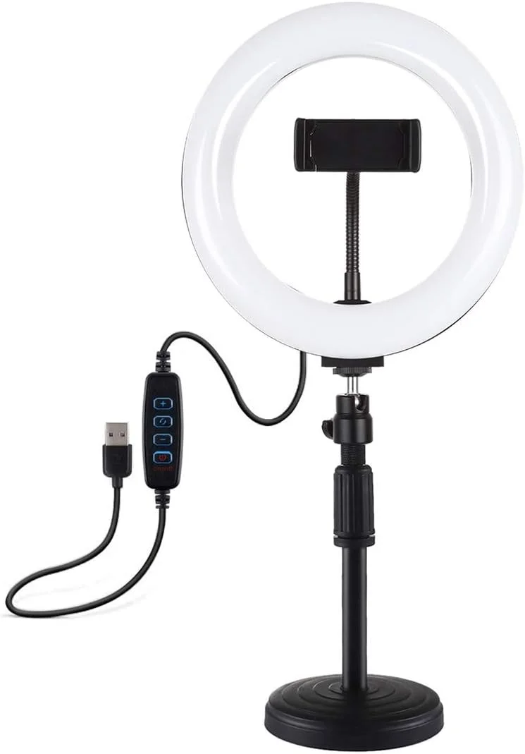 نور حلقه ای 20 سانتی متری دوزن با پایه رومیزی و پورت USB، دارای 3 حالت نور و دمای رنگی قابل تنظیم، مناسب برای ولاگ، سلفی و عکاسی و فیلمبرداری، به همراه گیره نگهدارنده گوشی (مشکی) نور حلقه ای 20 سانتی متری دوزن با پایه رومیزی و پورت USB، دارای 3 حالت نور و دمای رنگی قابل تنظیم، مناسب برای ولاگ، سلفی و عکاسی و فیلمبرداری، به همراه گیره نگهدارنده گوشی (مشکی)