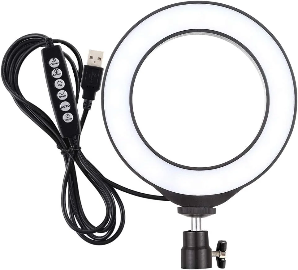 نور حلقه ای ال ای دی RGBW دیمر پذیر 12 سانتی متری USB با 10 حالت و 8 رنگ با سه پایه کلاهکی کفشک سرد (مشکی) لوازم جانبی (رنگ: مشکی)