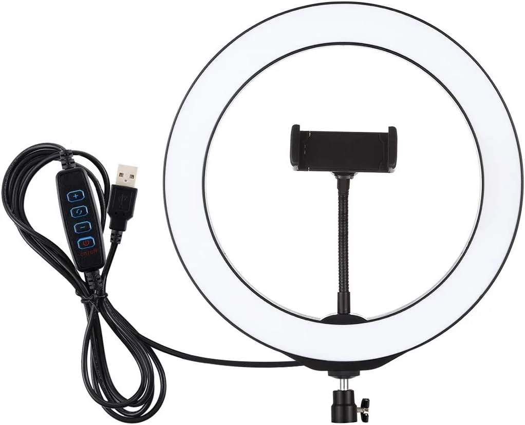 نور حلقه ای LED با قطر 26 سانتی متر، دارای 3 حالت نور و قابلیت تنظیم روشنایی، مناسب برای ولاگ، سلفی و عکاسی و فیلمبرداری، به همراه سه پایه توپی و گیره نگهدارنده گوشی (مشکی) نور حلقه ای LED با قطر 26 سانتی متر، دارای 3 حالت نور و قابلیت تنظیم روشنایی، مناسب برای ولاگ، سلفی و عکاسی و فیلمبرداری، به همراه سه پایه توپی و گیره نگهدارنده گوشی (مشکی)