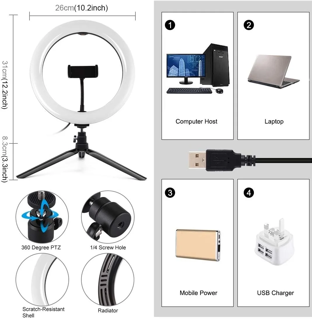 پایه رومیزی سه پایه Duzhen + رینگ لایت LED منحنی پخش کننده نور با دمای رنگی دوگانه با قابلیت تنظیم نور USB با قطر 26 سانتی متر (10.2 اینچ) مناسب برای ولاگ، سلفی، عکاسی و فیلمبرداری به همراه گیره نگهدارنده تلفن (مشکی)
