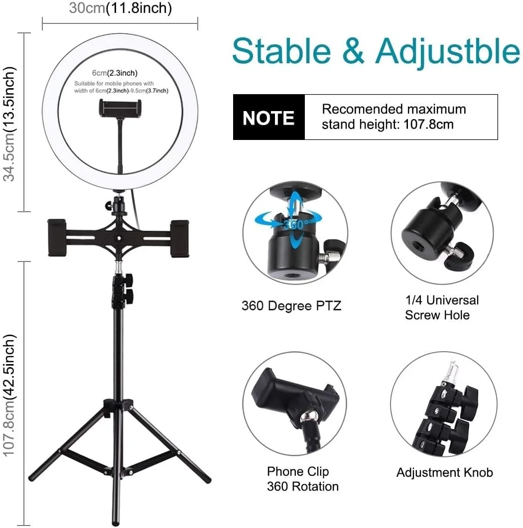 پایه نگهدارنده سه پایه 1.1 متری + براکت دوگانه تلفن + نور ویدئویی رینگ لایت 30 سانتی متری LED برای پخش زنده با هد توپی سه پایه کفش سرد (مشکی) لوازم جانبی (رنگ: مشکی)