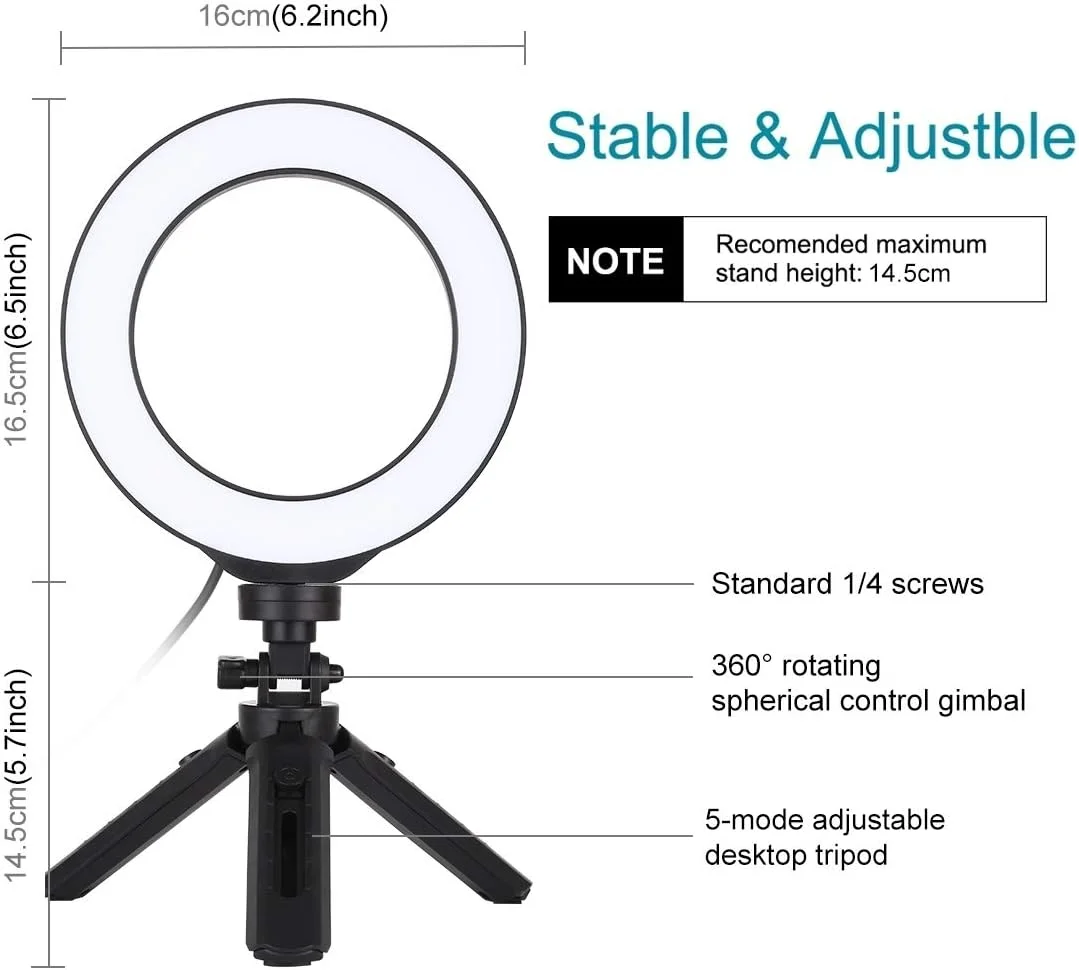 نور حلقه ای ال ای دی 16 سانتی متری با سه حالت نور و قابلیت تنظیم روشنایی به همراه سه پایه رومیزی و هد توپی (مشکی) نور حلقه ای ال ای دی 16 سانتی متری با سه حالت نور و قابلیت تنظیم روشنایی به همراه سه پایه رومیزی و هد توپی (مشکی)