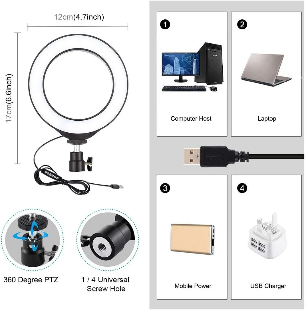 نور حلقه ای ال ای دی RGBW دیمر پذیر 12 سانتی متری USB با 10 حالت و 8 رنگ با سه پایه کلاهکی کفشک سرد (مشکی) لوازم جانبی (رنگ: مشکی)