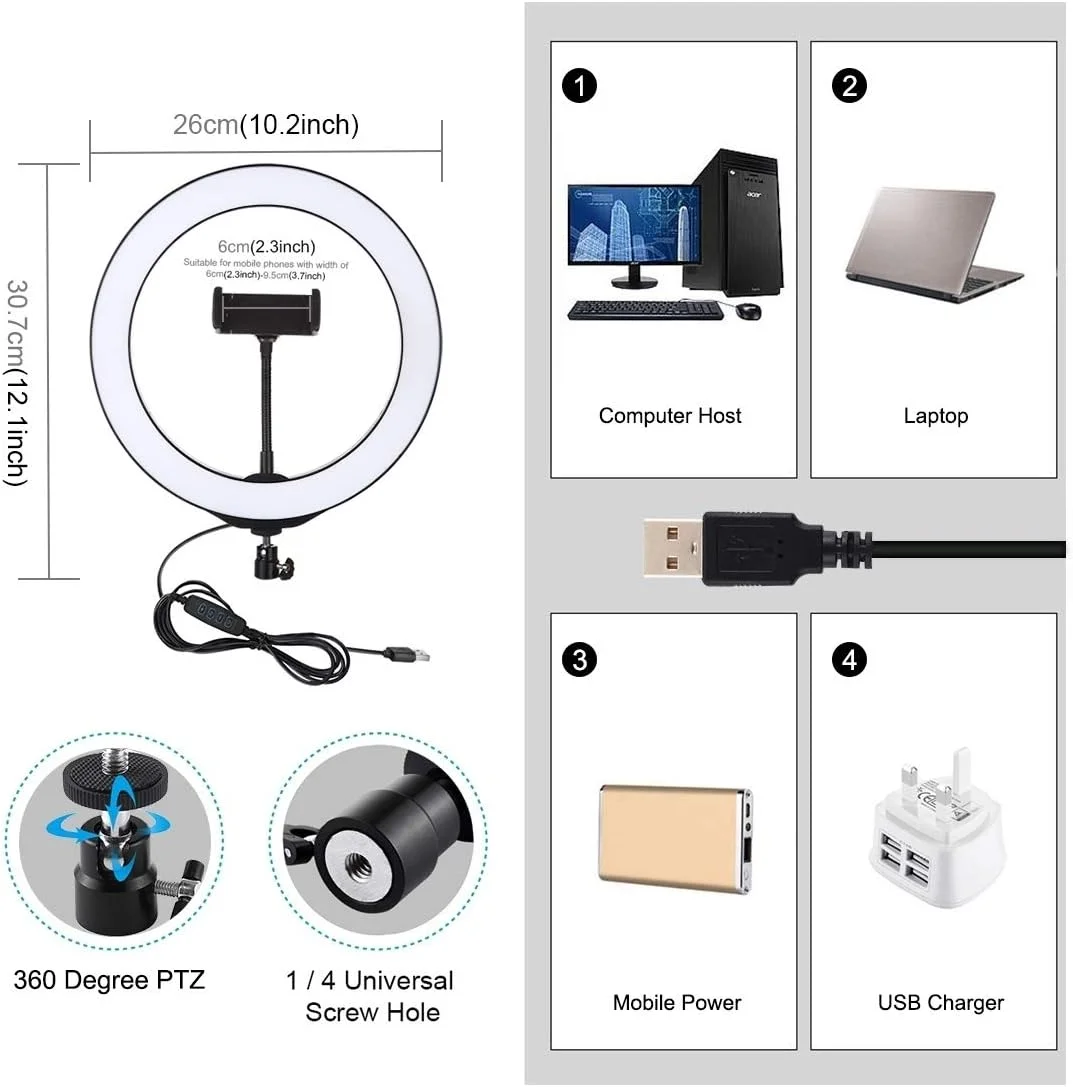 نور حلقه ای LED با قطر 26 سانتی متر، دارای 3 حالت نور و قابلیت تنظیم روشنایی، مناسب برای ولاگ، سلفی و عکاسی و فیلمبرداری، به همراه سه پایه توپی و گیره نگهدارنده گوشی (مشکی) نور حلقه ای LED با قطر 26 سانتی متر، دارای 3 حالت نور و قابلیت تنظیم روشنایی، مناسب برای ولاگ، سلفی و عکاسی و فیلمبرداری، به همراه سه پایه توپی و گیره نگهدارنده گوشی (مشکی)
