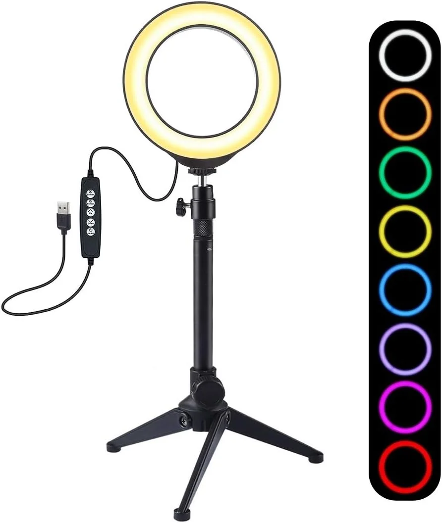 نور حلقه ای ال ای دی دوزن 4.7 اینچی 12 سانتی متری USB با 10 حالت و 8 رنگ RGBW با قابلیت تنظیم نور + پایه رومیزی سه پایه با سر توپی کفشک سرد (مشکی) لوازم جانبی (رنگ: مشکی)