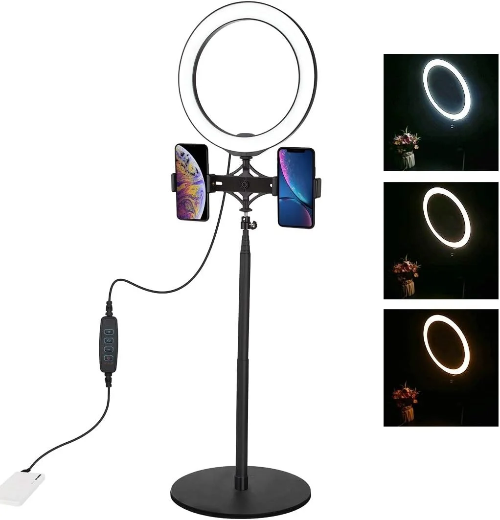 پایه رومیزی گرد 140 سانتی متری Duzhen + نگهدارنده دوگانه تلفن برای پخش زنده + کیت نور ویدئویی حلقه ای LED 26 سانتی متری 10.2 اینچی با لوازم جانبی سر توپی سه پایه کفش سرد